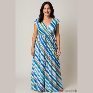 Easel Women’s‎ Blue Green Pink Diagonal Stripe Maxi Dress Flowy Boho Size 16